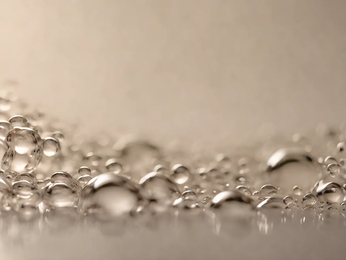 Zoom sur des gouttelettes de sérum revitalisant pénétrant la peau, détails de l'hydratation pénétrant la peau