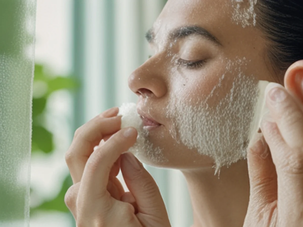 Scène où un pad est utilisé pour appliquer des cosmétiques sur la peau, avec une ambiance intérieure visible à travers une fenêtre où des plantes sont éclairées doucement par la lumière du soleil.
