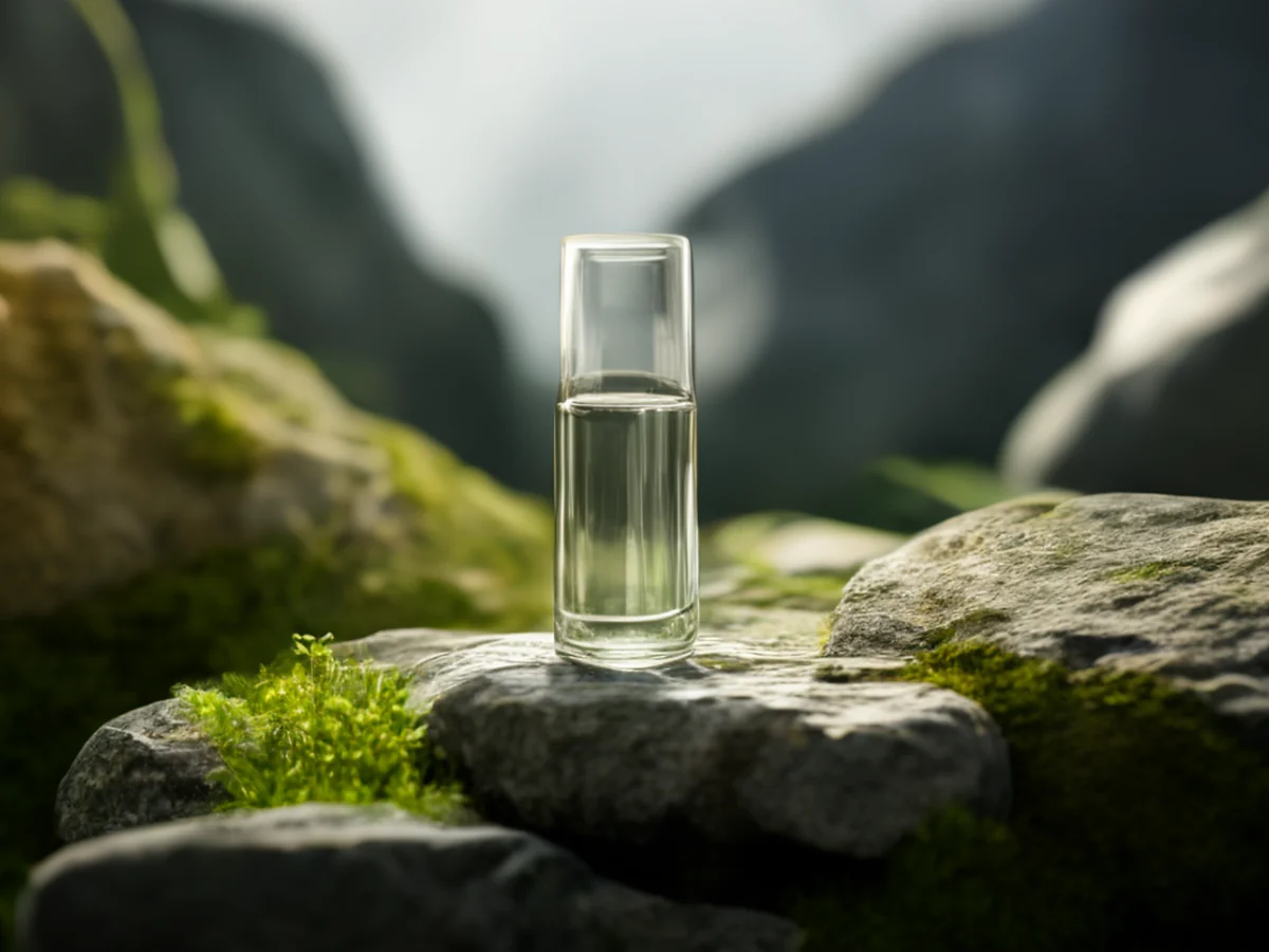 Plan secondaire avec une bouteille en verre contenant un gel transparent posée sur une pierre naturelle, détails harmonisés avec les textures de la nature.
