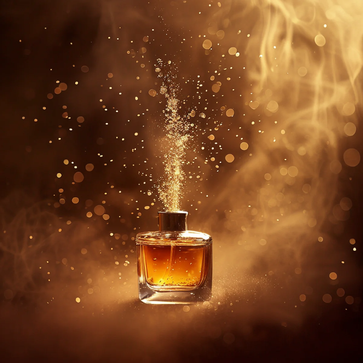 Primer plano artístico de la bruma de un perfume en el aire con iluminación dramática.
