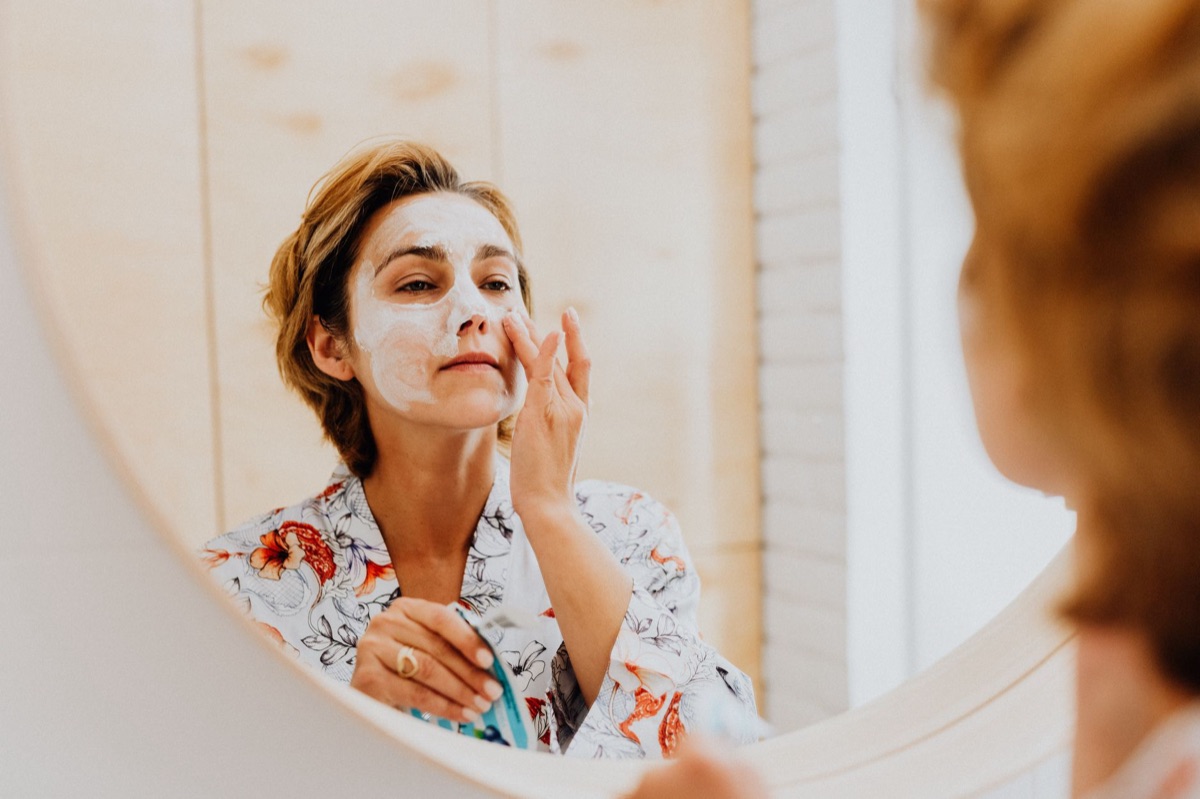 Skincare routine steps in a bathroom