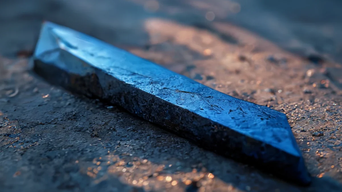 A cobalt-colored stake with a metallic texture and a polished surface.