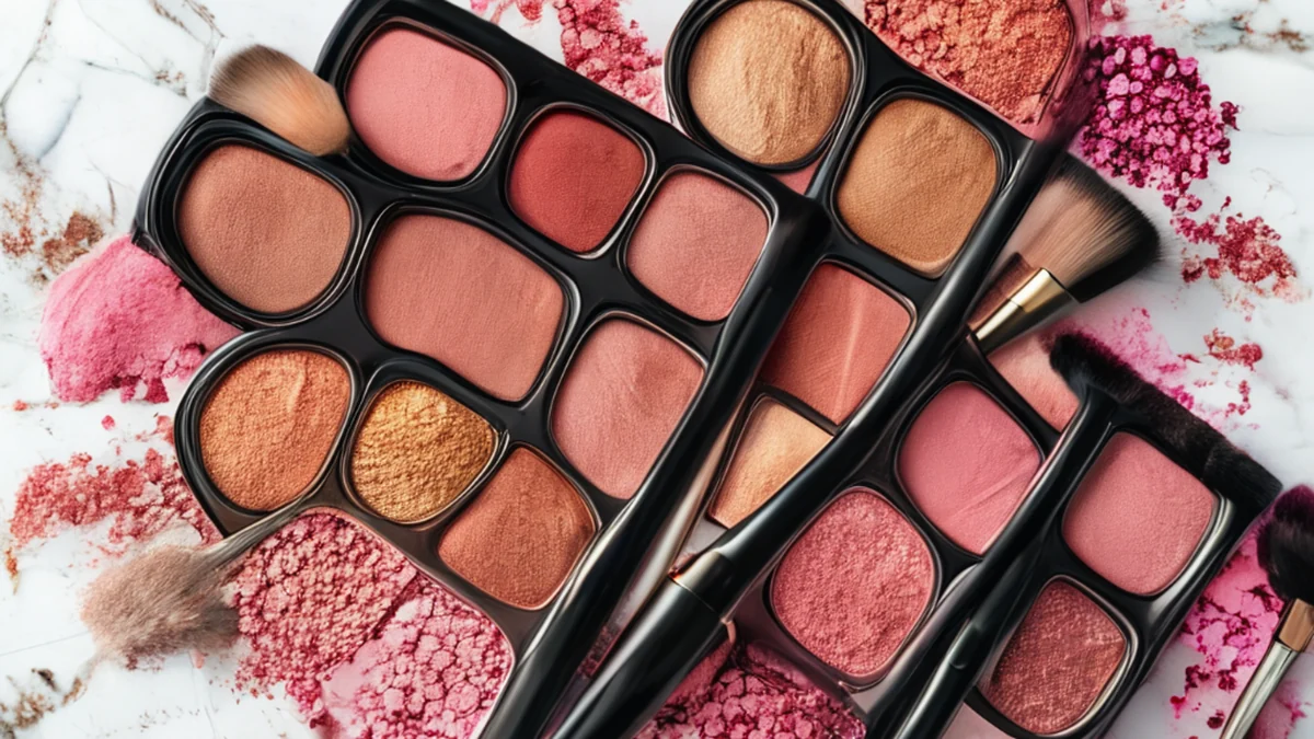 Weiche Make-up-Bürsten auf einem offenen Eyeshadow-Palette mit pinken, goldenen und braunen Pulver auf weißem Marmor.