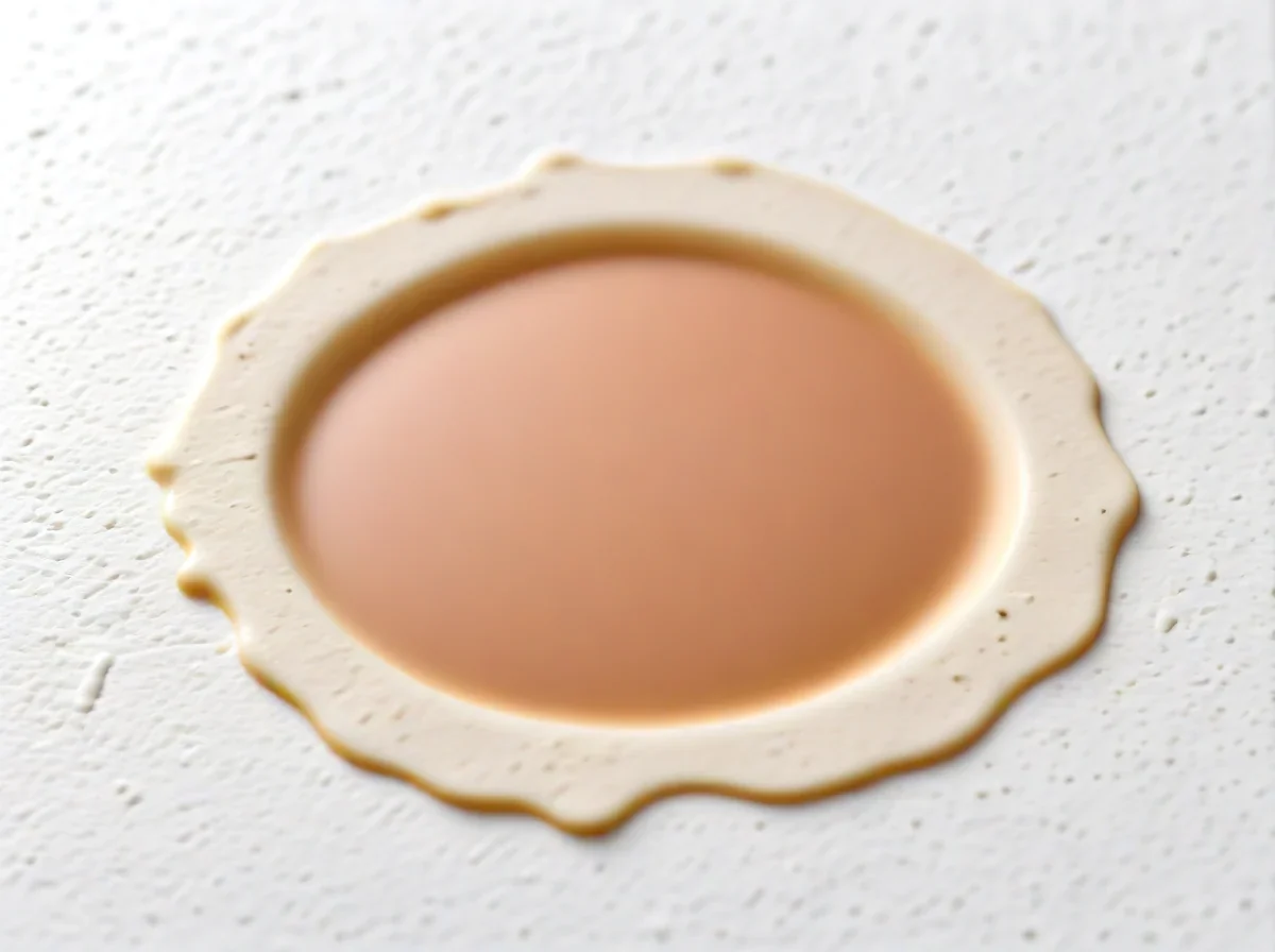 A single droplet of beige liquid foundation on a flat surface