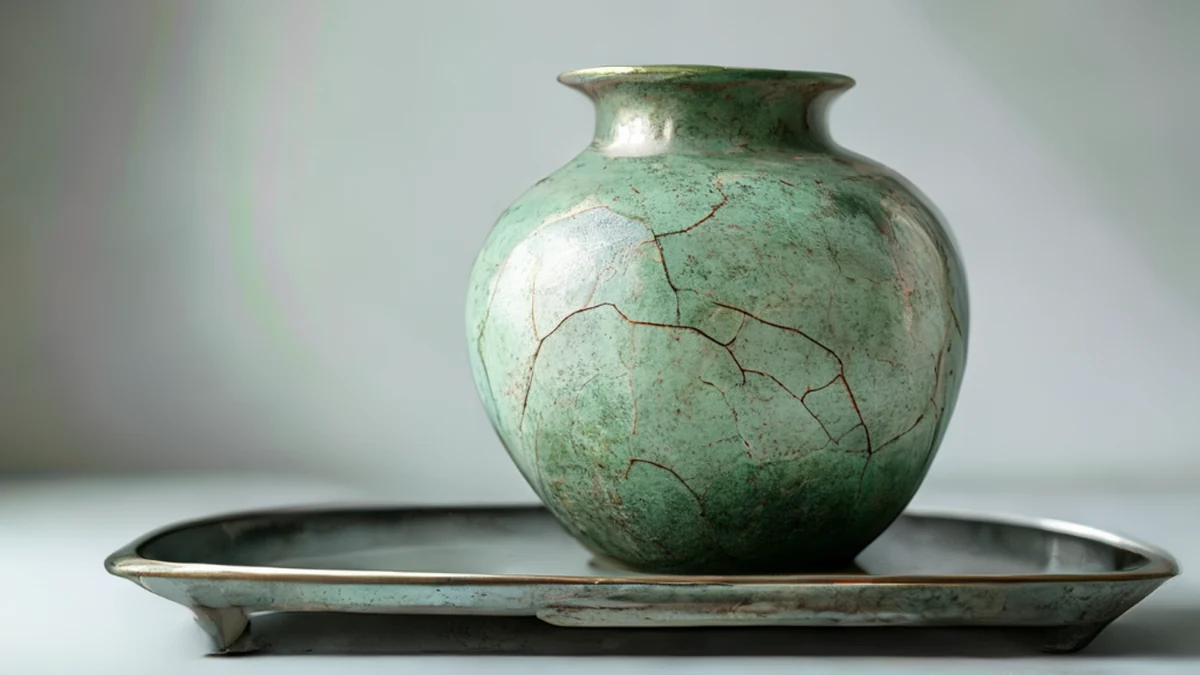 Un vase en porcelaine avec une surface grise et mate, montrant des traces d'oxydation.