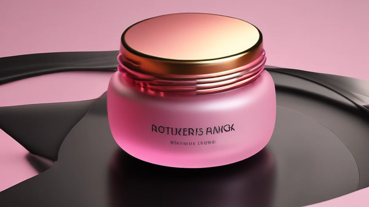 Una crema luminosa, rosa, appoggiata su una superficie nera mat, ora dorata, profondità di campo sottile, fotorealistica, focus acuto, dettagli elevati