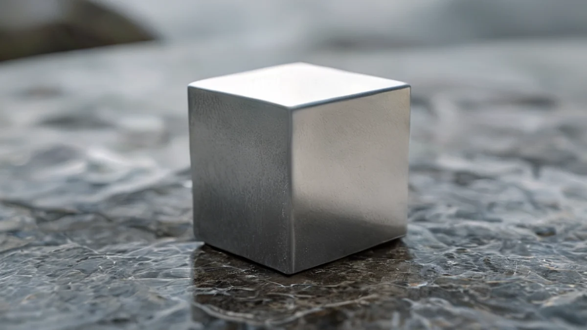 Een kubus gemaakt van tantalummetaal, tonend het metalische glimlach en industriële toepassingen.